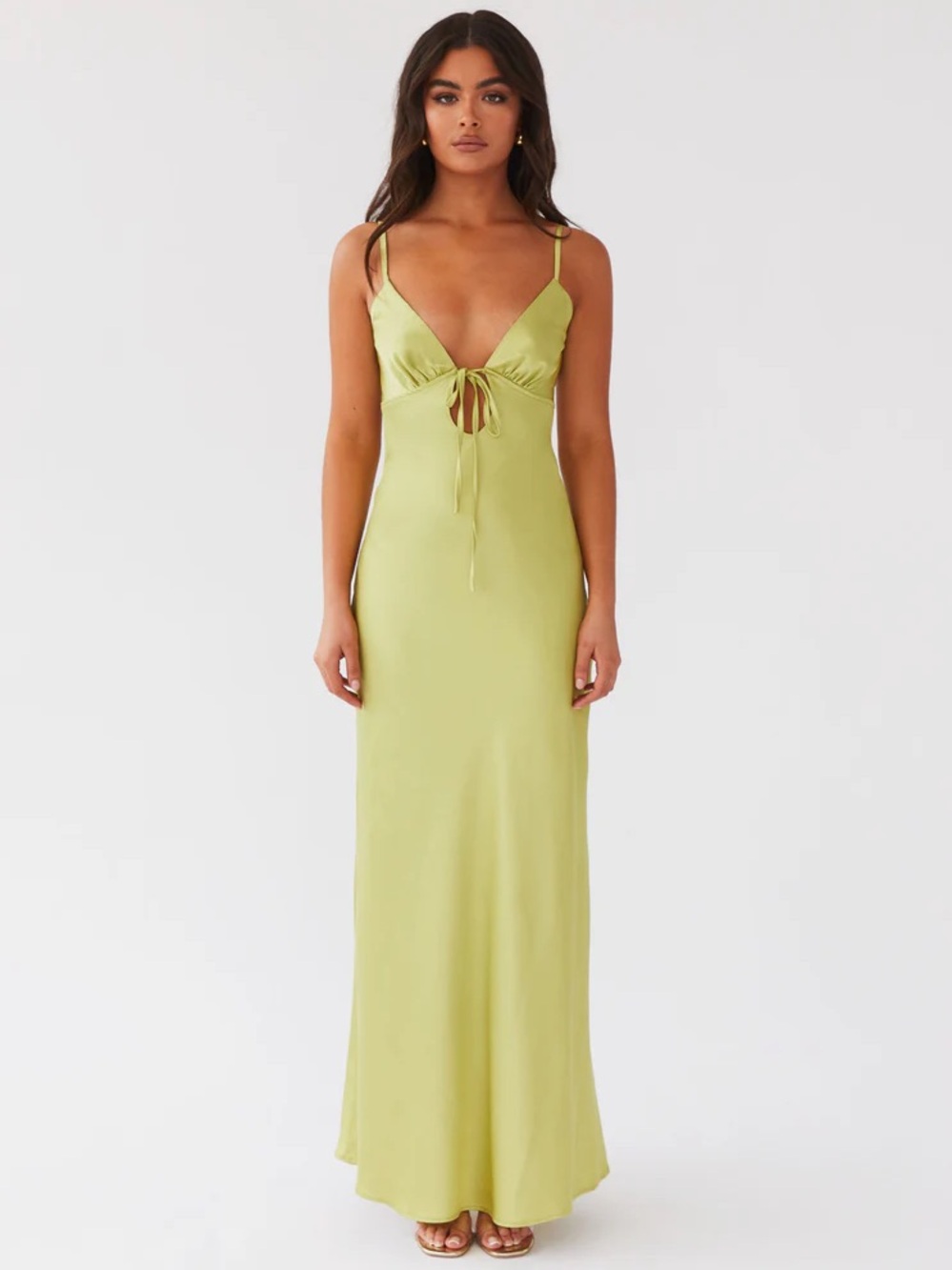 Peppermayo Lime Green Satin Maxi Dress with Tie Front